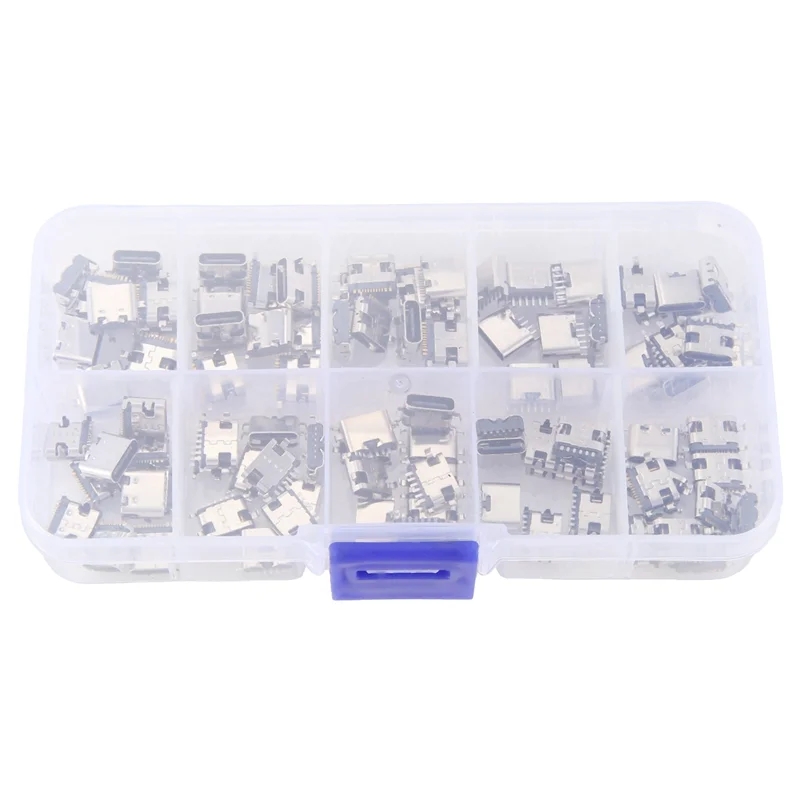 100 قطعة/الوحدة 10 نماذج Type-C USB شحن حوض موصلات مزيج 6Pin و 16Pin استخدام للهاتف والمنتجات الرقمية إصلاح أطقم دائم