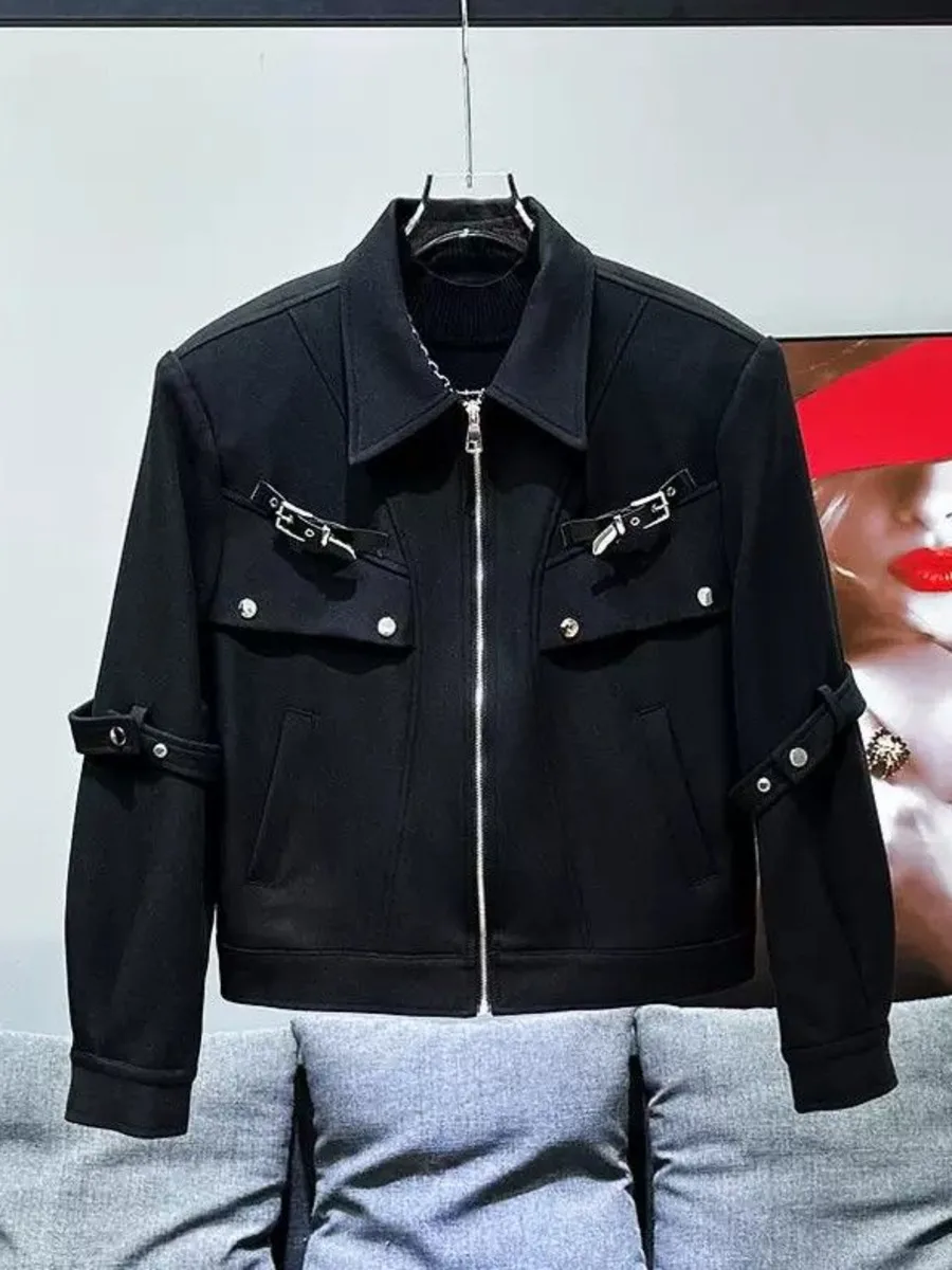 Veste zippée courte rétro pour homme avec coussinets initiés, manteau Streetwear Techwear, avant-garde, boucle découpée, style urbain énervé