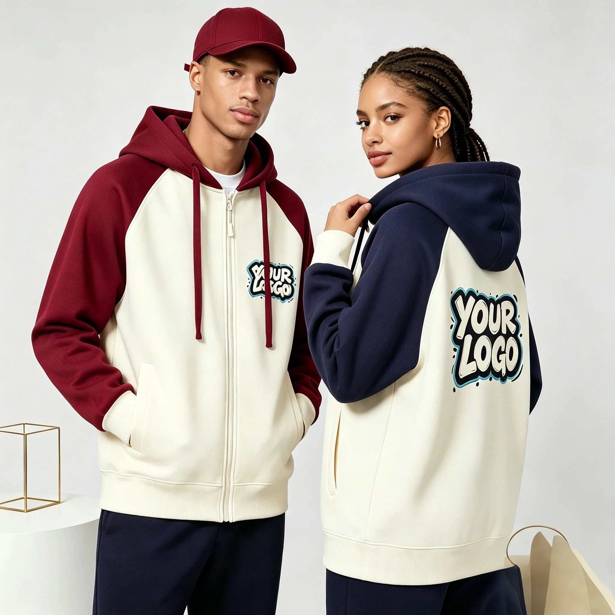 Customize Logo  Raglan Splice Color Zip‑Up Hoodie Unisex Loose Long Sleeve Hooded Sweatshirt Couple Casual Street Outerwear