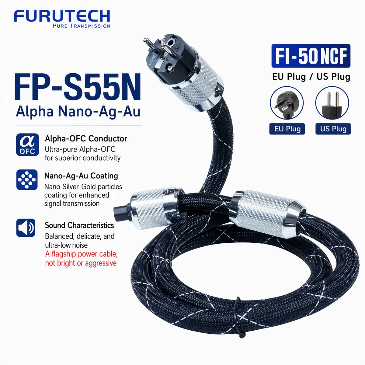 Furutech FP-S55N Nano Ag-Au HiFi Power Cable with FI-50 NCF Plug Audiophile Power Cord for DAC Amplifier CD Player