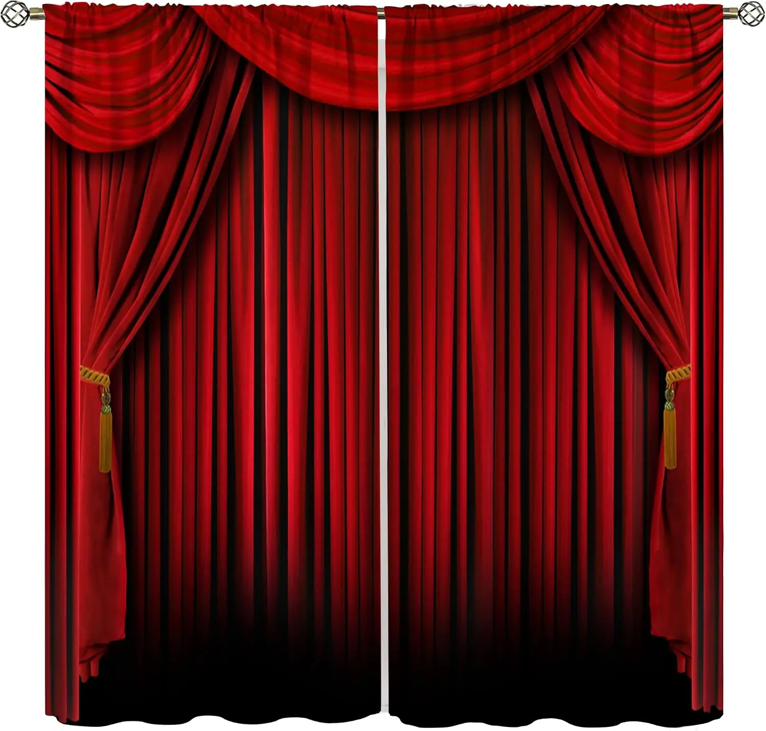 Theater Red Velvet Stage Curtains 2 Panels, Gold Tassel Valance Tie Back Gradient Black Base Drapes for Cinema Party Room Decor