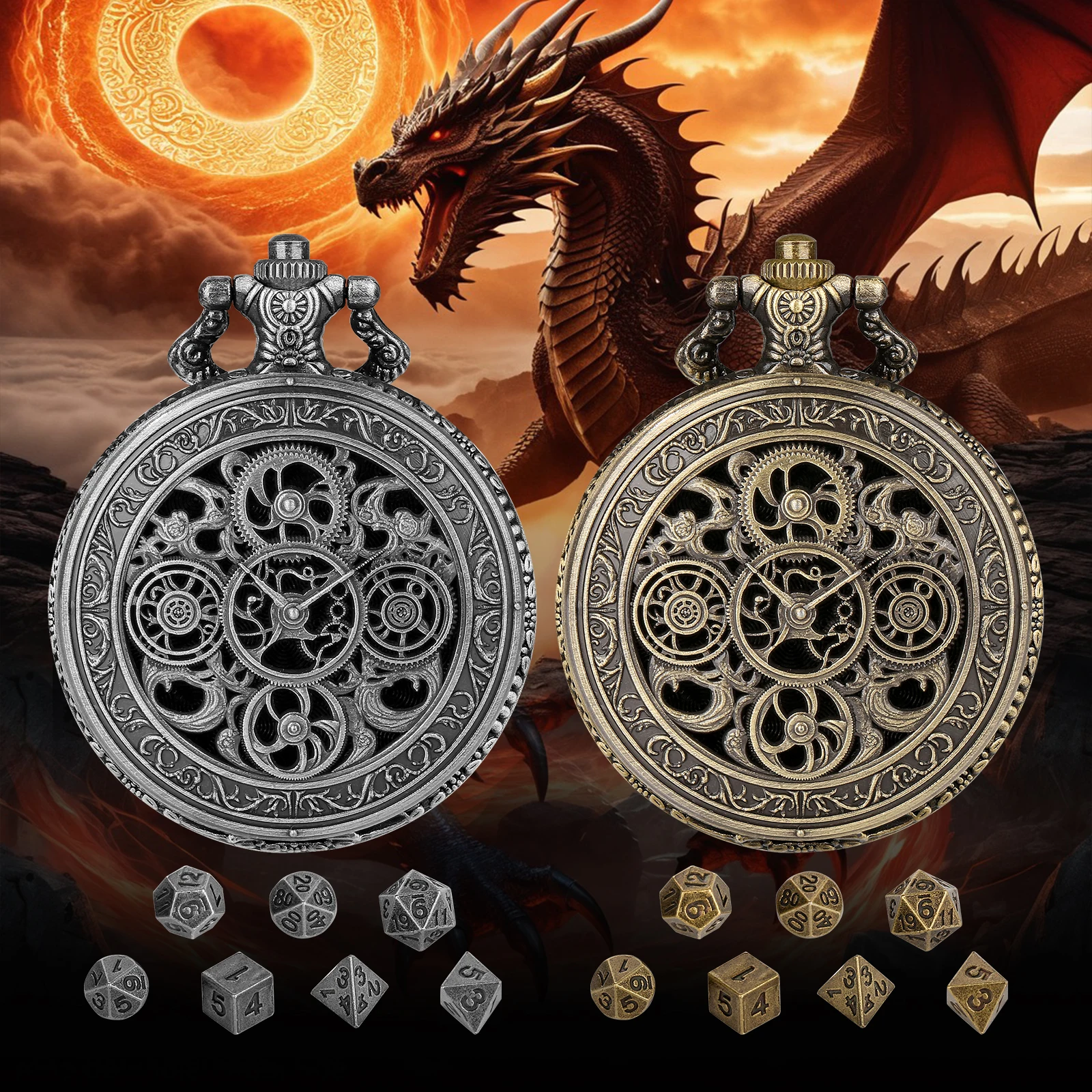 YISUYA Vintage Gears Pocket Watch Case Dice Set, 7pcs Polyhedral Metal DND Dice, Roleplaying Board Game Accessories Party Gifts