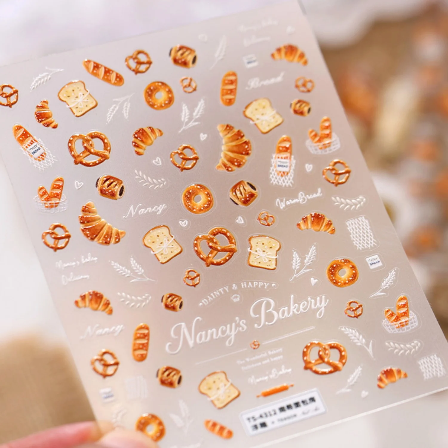 Bread Relief 5D Nail Art Stickers Croissant Toast Pretzel Wheat Ear Heart Nail Decal Self Adhesive Warm Retro Manicure Supplies