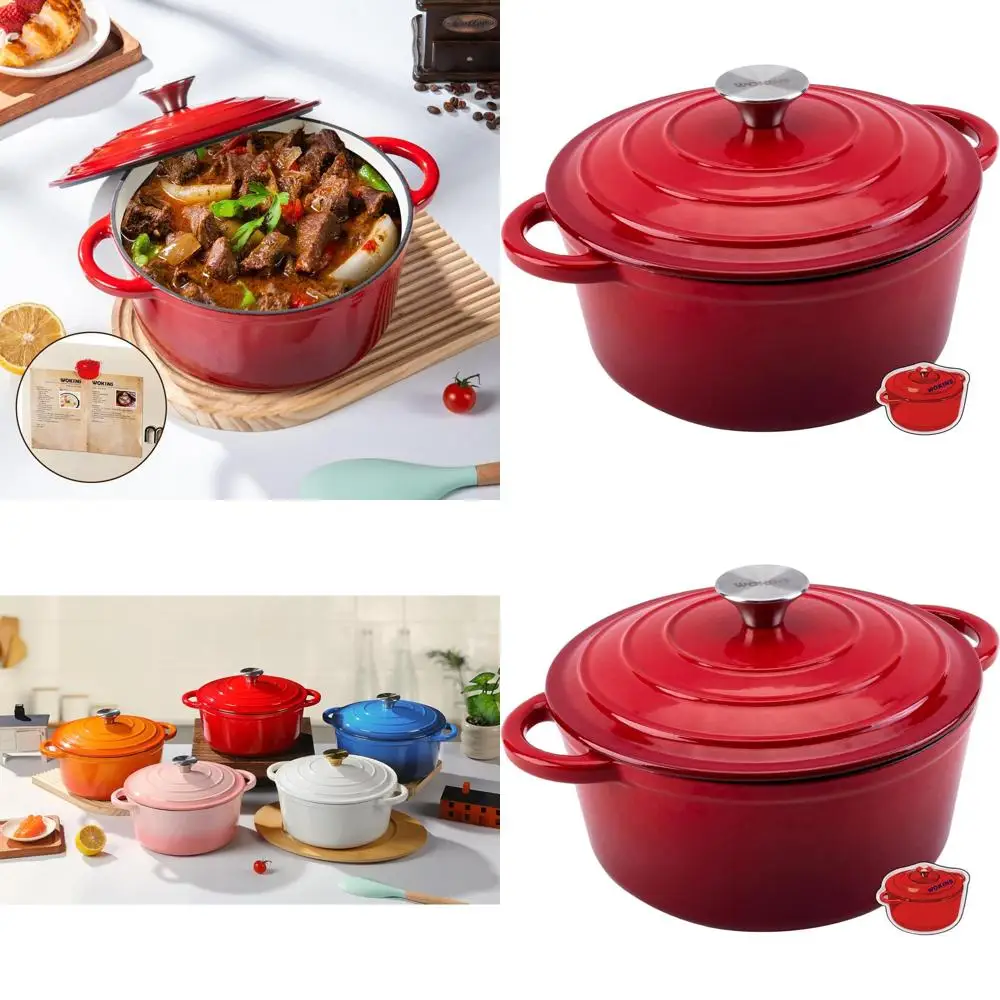 

Усиленная чугунная эмалированная жаровня объемом 5,5 литров с крышкой для выпечки, тушения, приготовления рагу и запекания до 260°C ° F, Красный