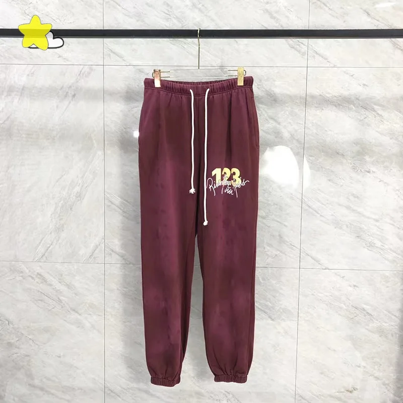 

24FW Heavy Fabric Cotton Classic Letters Logo RRR123 Sweatpants Men Women Jogger Drawstring Vintage Washed Old Wine Red Pants