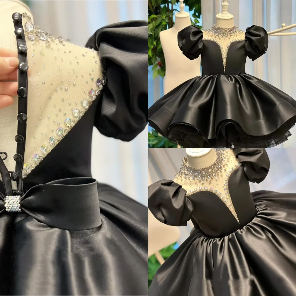 

Customized Black Sequined Flower Girl Dress For Wedding Beaded Puffy Knee Length Baby Kids Birthday Pageant First Communion Gown