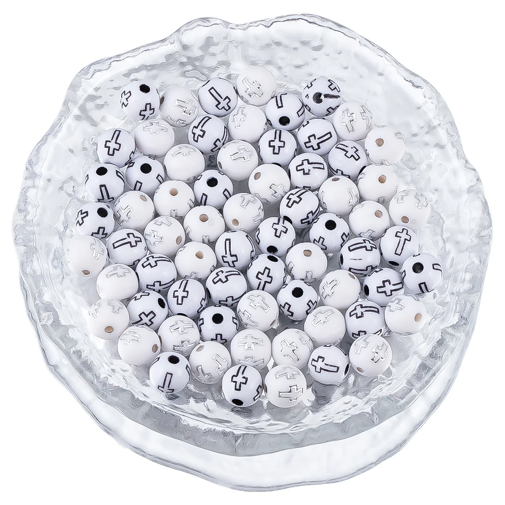 

50Pcs 8mm Cross Printed Acrylic Round Loose Beads Resin Beads Bracelet Connectors For Jewelry Making DIY Accessories Wholesale