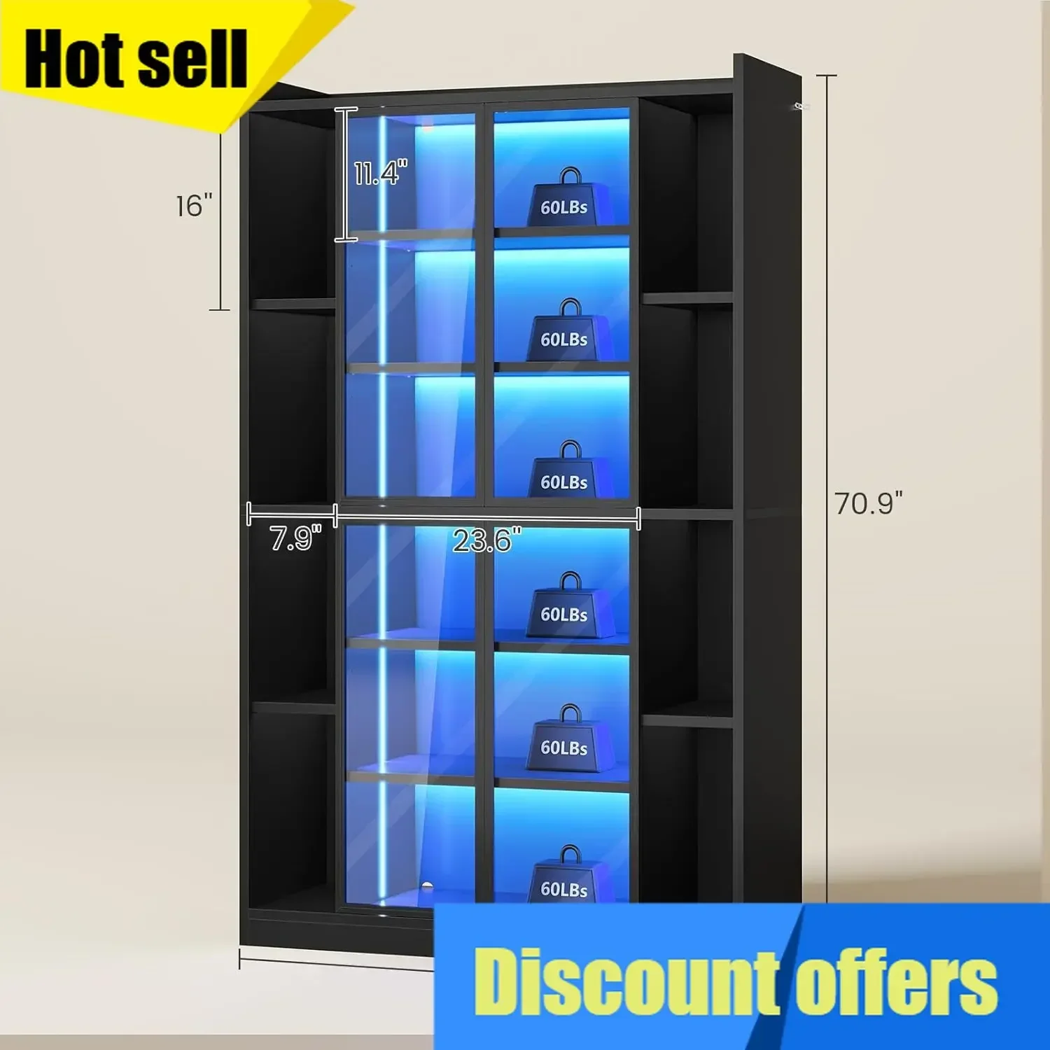 Display Cabinet Acrylic Glass Doors Collectibles Display Cases Curio Cabinet Led Lights Tall Bookcase Adjustable Shelves Black