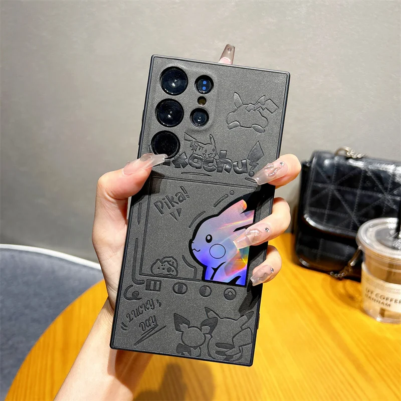 Luxury Anti-fur Laser Cute Anime Pokemon Pikachu Phone Case For Samsung S23 S22 S24Ultra Hot Suede Soft Leathe Case Lens Protect