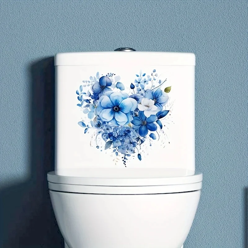 MT1372# Retro Floral Toilet Stickers - Self-Adhesive Bathroom Decals with Blue & White Petal Design for Toilet Tanks, Doors