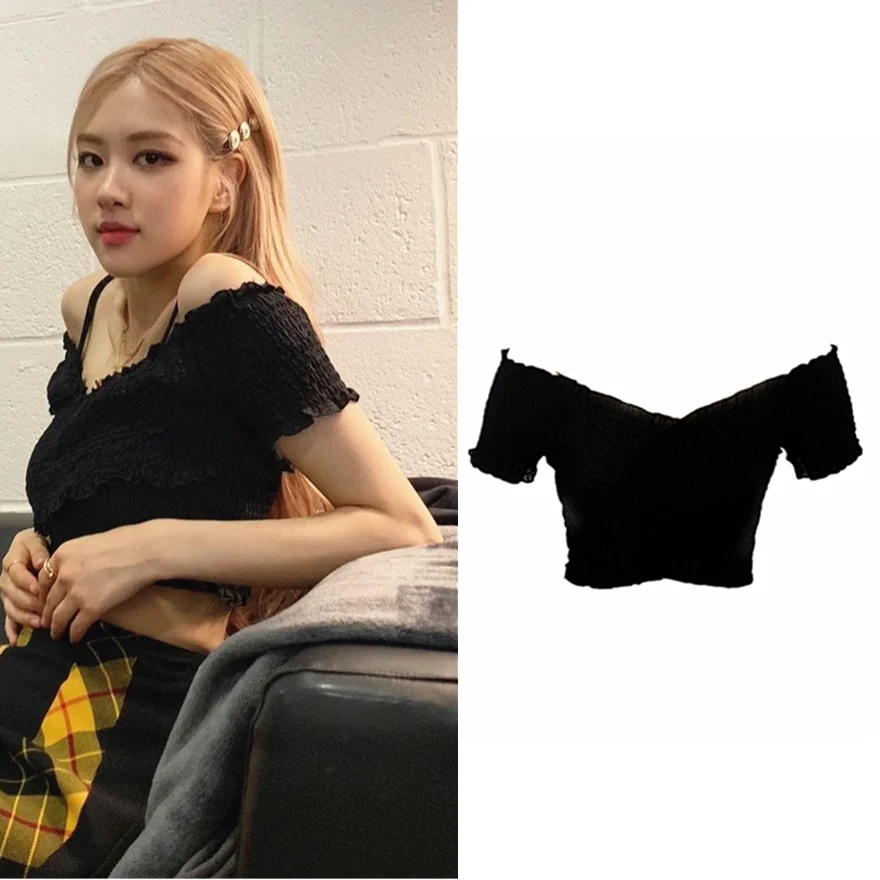  Jisoo Black Cross Shoulder Crop Top Dance Performance Short Shirt Women's Fashion Summer 2023 Stage Costume
