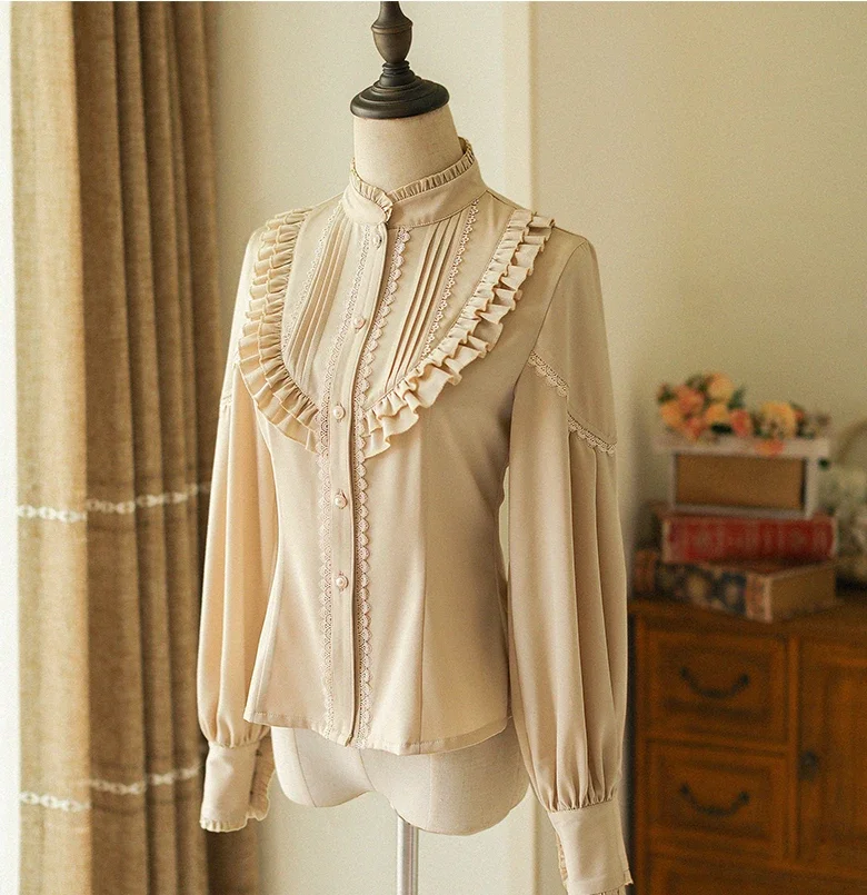 Vintage Elegant Striped Long Skirt Womens Autumn Winter Exquisite Court Style Slim Long Sleeves Lolita Shirt Tops Lady Waistcoat
