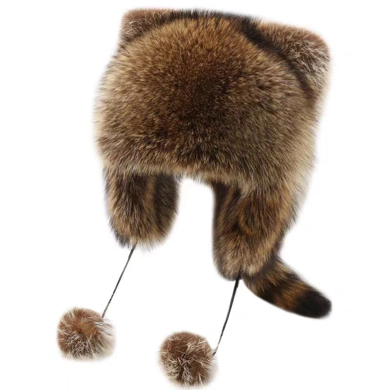 

Cute Raccoon Tail Plush Cap Women Winter Windproof Thick Warm Ears Fashion Outdoor Ear Flaps Bomber Hat Russian Hat