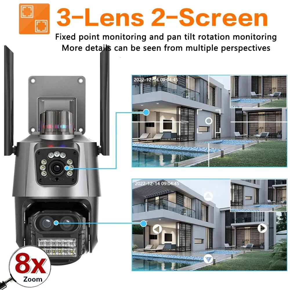 5K 9MP WiFi Camera PTZ Protection Outdoor Three Lens Dual Screen 8X Zoom Security 4K Video Surveillance 10Pcs Camera Kit iCSee