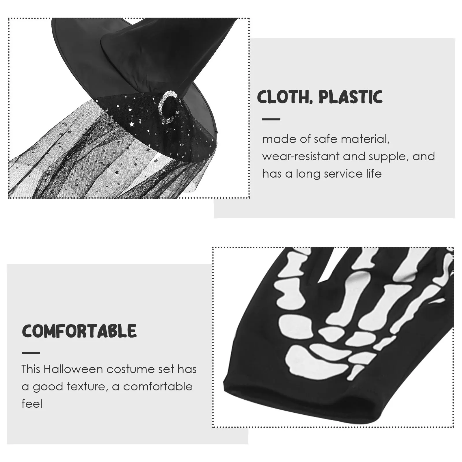 1Set Halloween Witch Hat Set Decorative Cap Glasses Fake Nails Gloves Supple Safe Material Foldable Cape for Halloween Cosplay