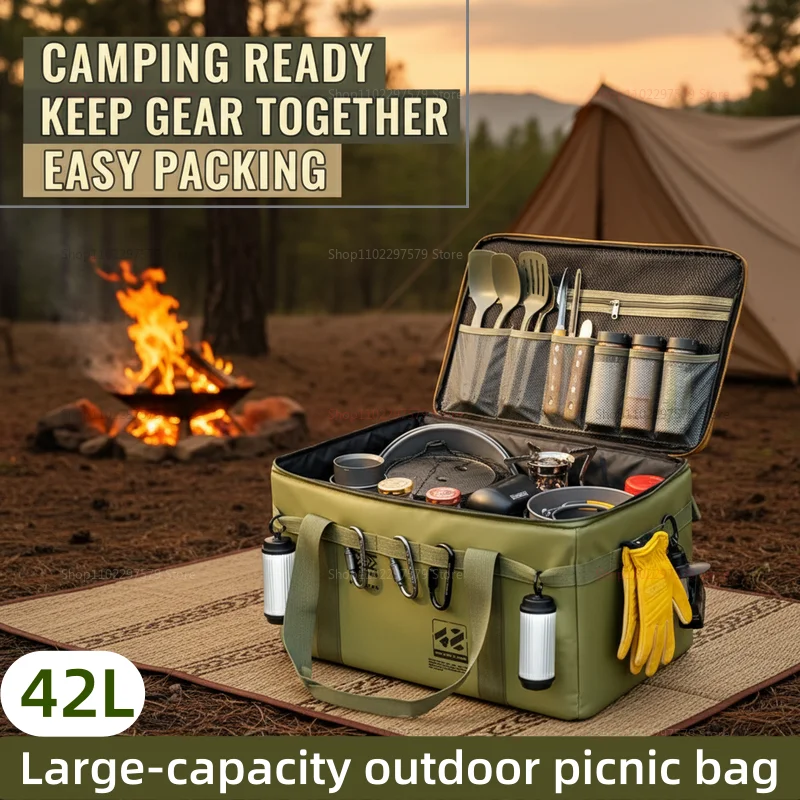 42L Large Capacity Insulated Storage Bag, Waterproof Folding Box, Outdoor Picnic Camping Tableware Tote, Portable Cooler Bag.