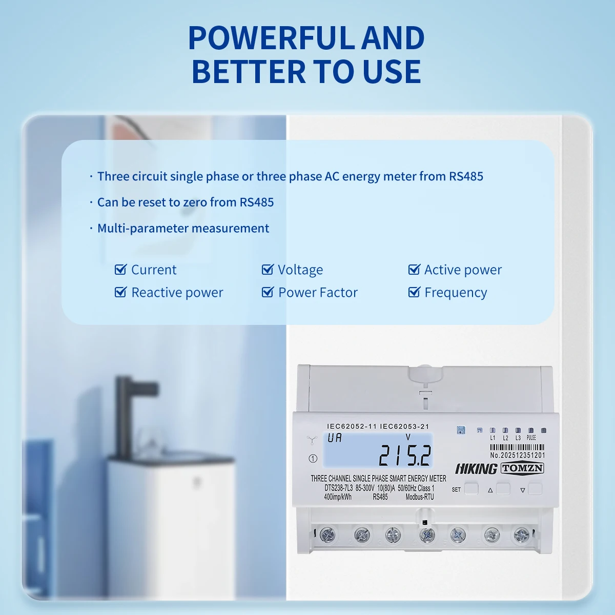 TOMZN Din Rail DTS238-7L3 RS485 Three Circuit Single Phase Energy Meter 80A 85-300V 50/60Hz kWh Watt Hour LCD Modbus-RTU Class1