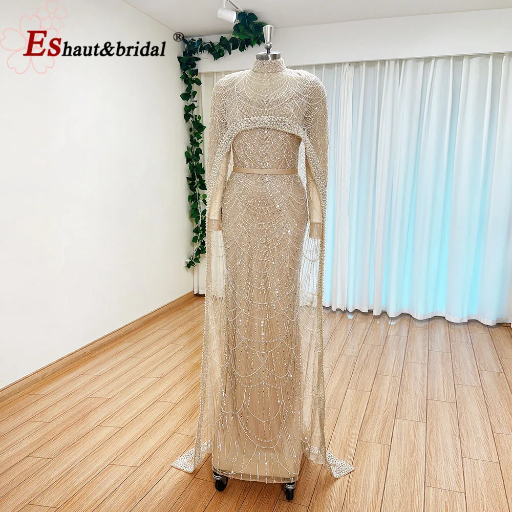 

Luxury Pearls Dubai Arabic Evening Dress with Cape 2024 Mermaid Long Sleeves Formal Prom Wedding Party Gown for Women Customized