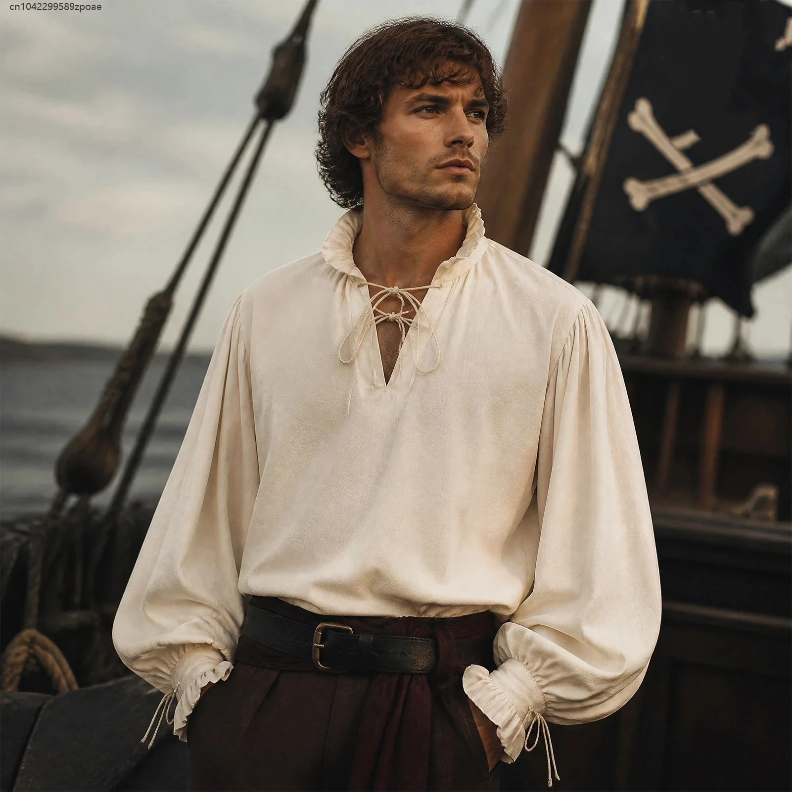 Classic Men Renaissance Victorian Poet Shirt Oversized Long Puff Sleeve Ruffle Cuff Lace Up Neck Blouse Medieval Pirate Top 2026