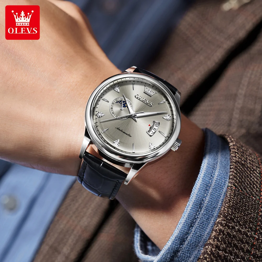 OLEVS 7040 24h القمر المرحلة ساعة رجالي مقاوم للماء حزام من الجلد الساعات الطلب البسيط التقويم التلقائي الميكانيكية ساعة رجالي #4