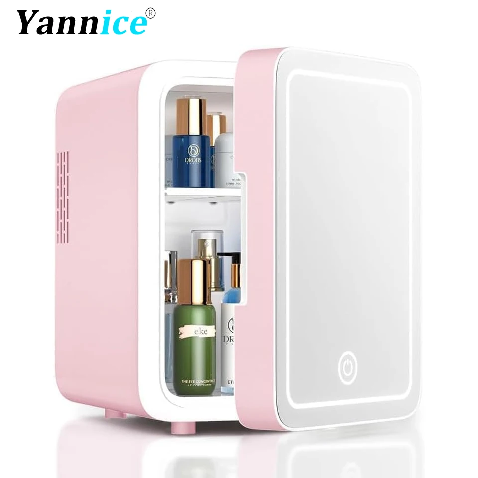 LED Mirror Mini Refrigerator 6L Mini Makeup Fridge Portable Cosmetic Storage Cooler Heating ＆Cooling Box for Home Car Dual Use