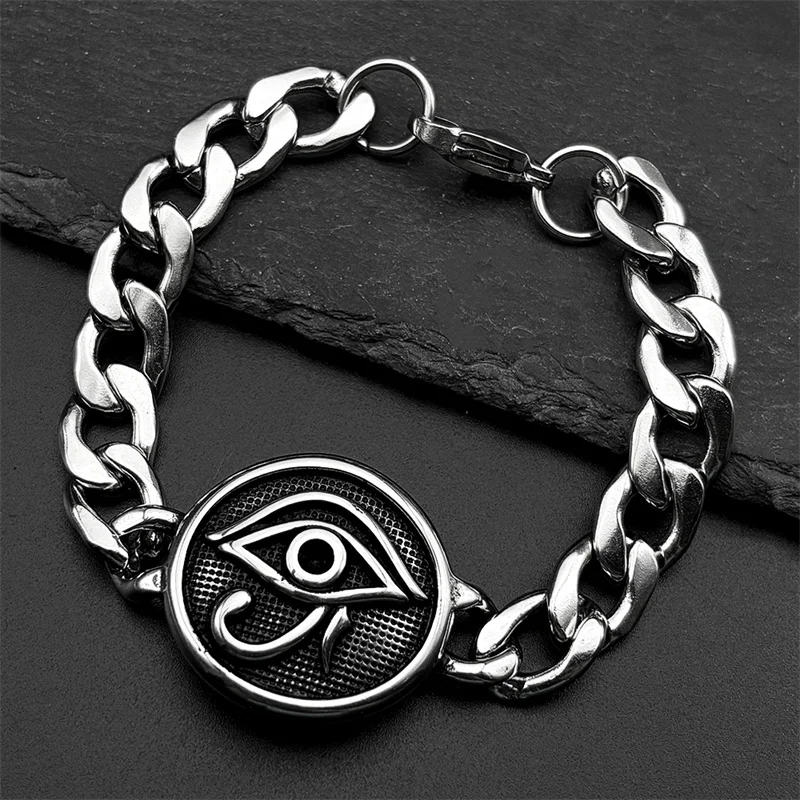 

Stainless Steel Egyptian Eyes Bracelet for Men Statement Mythology Eye of Ra Horus Symbol Silver Color Amulet Bangles Jewelry