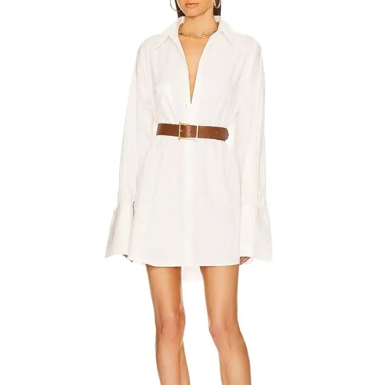 

Женское мини-платье из хлопка с вышивкой логотипа, белое, с отложным воротником, длинными рукавами, на пуговицах, свободного кроя