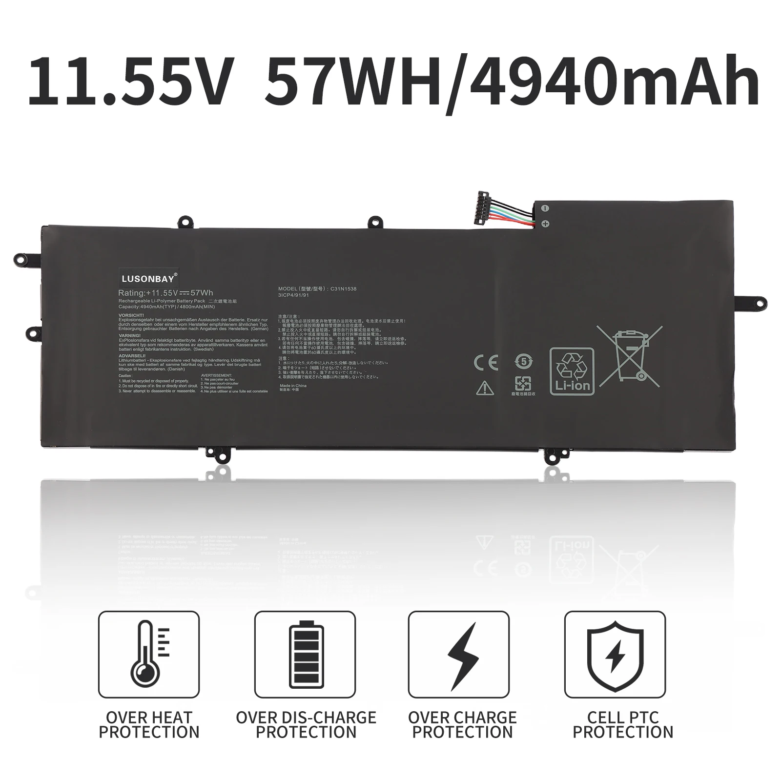 LUNSONBAY 57WH C31N1538 Laptop Battery For ASUS ZenBook Q324UA UX360UA UX360UA-C4010T UX360UAK Series C31Pq9H 0B200-02080000