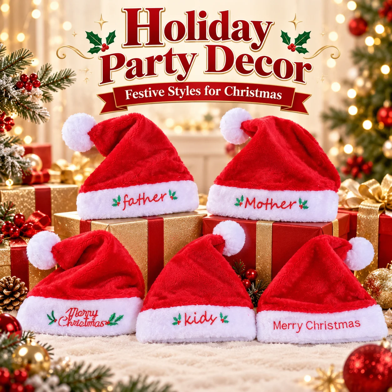Gorro de Papá Noel bordado con motivos festivos, de felpa suave y con pompón, disponible en varios estilos de nombres para disfraces de fiestas familiares y regalos navideños.