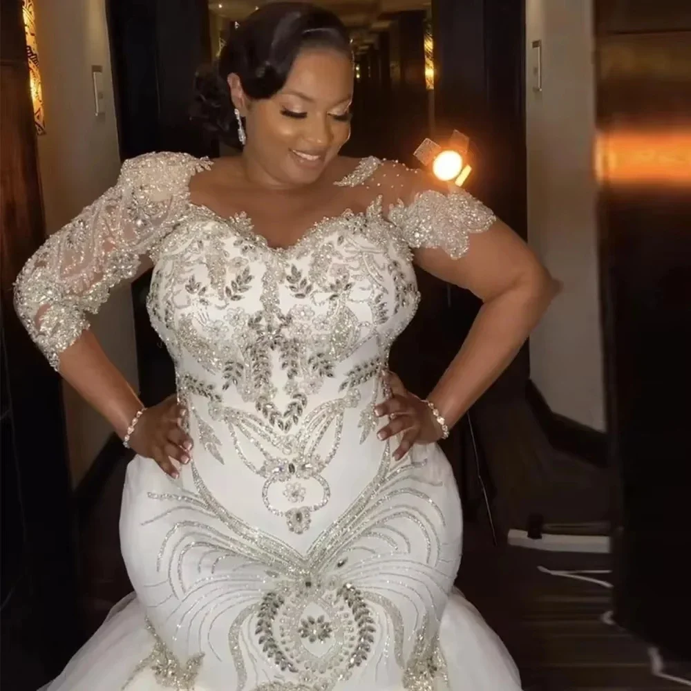 فساتين زفاف مخصصة مقاس كبير كريستال حورية البحر فستان زفاف شفاف كم كامل الديكور مشد فيستدو دي نوفيا