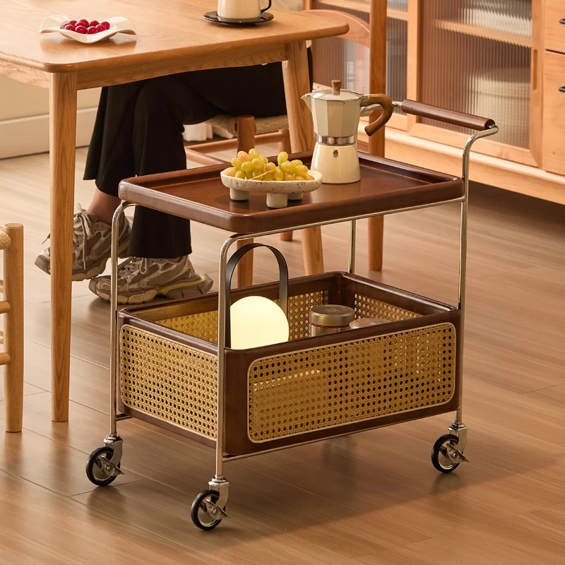 

All solid wood rattan trolley movable small coffee table side table medieval corner sofa tea cart storage side cabinet