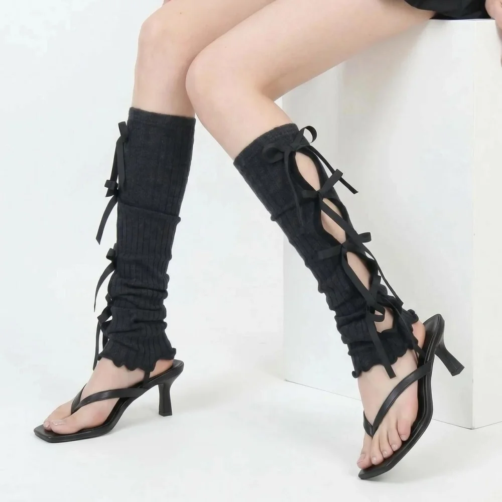 Ribbon Bow Cutout Leg Warmer Knee High Socks Soft Vertical Rib Knit Slim Y2K Shoes Matching Stackable Socks for Women view 4