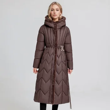 2024 Kadın Kış Aşağı Pamuk Ceket Uzun Ceket Kemer Ile Yeni Kapşonlu Cepler Fermuar Kalın Sıcak Kadın Kapşonlu Yastıklı Parkas