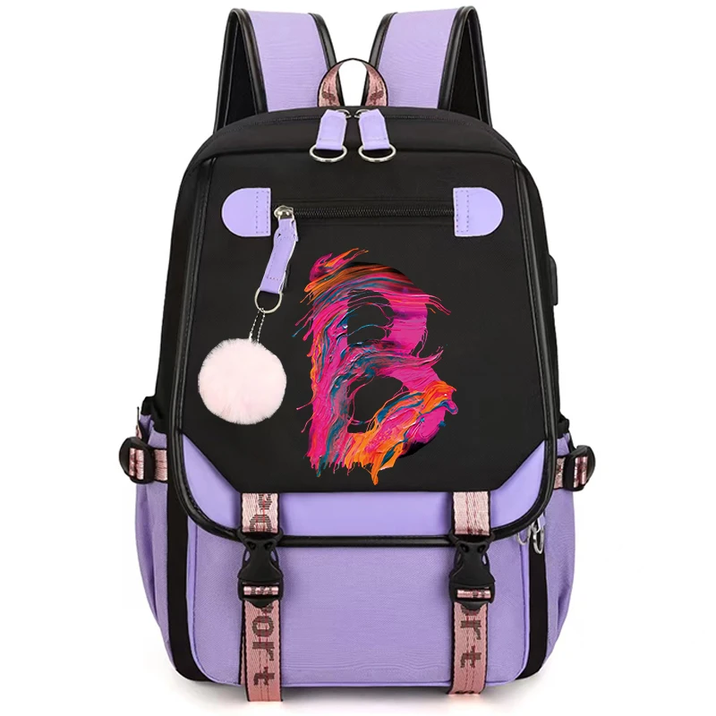 

Рюкзак большой емкости для старшеклассников, масляная краска 26, дорожный рюкзак с алфавитом для учащихся средней школы, фиолетовая сумка для книг