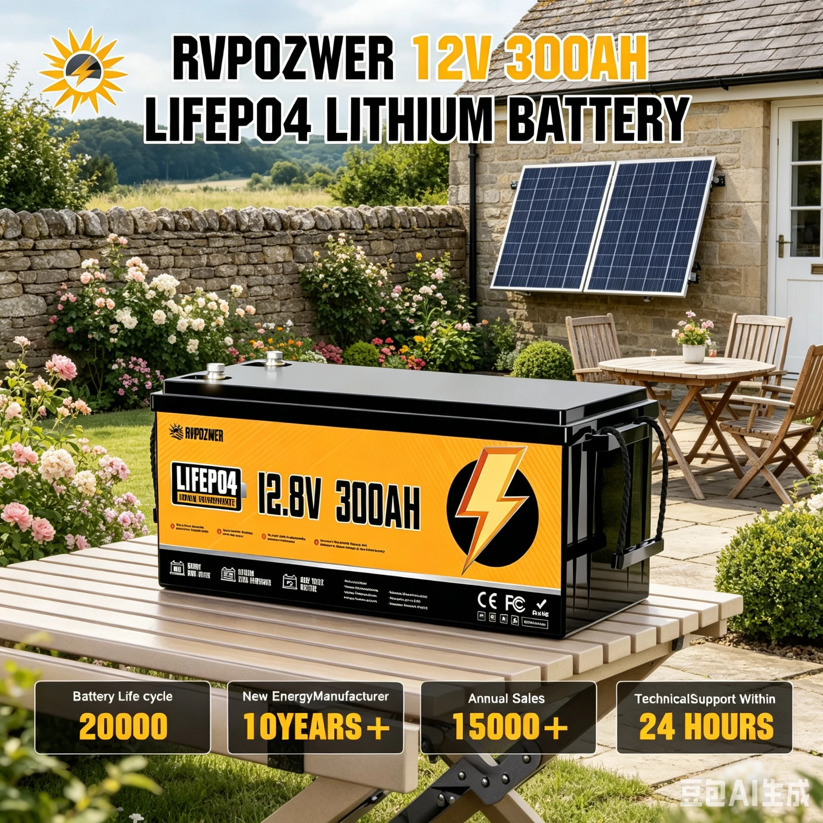RVPOZWER Bluetooth LiFePO4 Lithium Iron Phosphate Rechargeable Storage Battery,200A BMS Protection,15000+ Deep Cycles,Low Temperature Cutoff Protection, Perfect For Trolling Motor,RV,Marine Vessel,Solar,Off-Grid Power,12V 300Ah 3840Wh