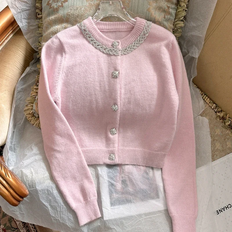 Commuter Korean Slim-fit Knitted Skirt Autumn New Nail Diamond Sweater Heavy Industry Diamond Buckle Pin Short Knitted Cardigan