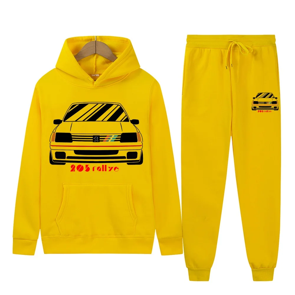 Men\'s 2Pcs Sets Fleece Sweatshirt Hoodies Pants Retro Wrc Rose 205 Gti CAR Rallye Racing Male Sportswear Tracksuits Unisex Ensem
