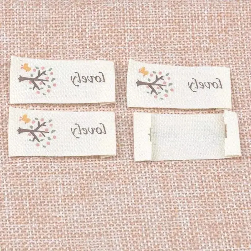 50pcs Beige Woven Labels For Clothing Care Labels Cartoon Tree Woven Labels Clothing Shoes Bags Washable Garment Tags CP1534