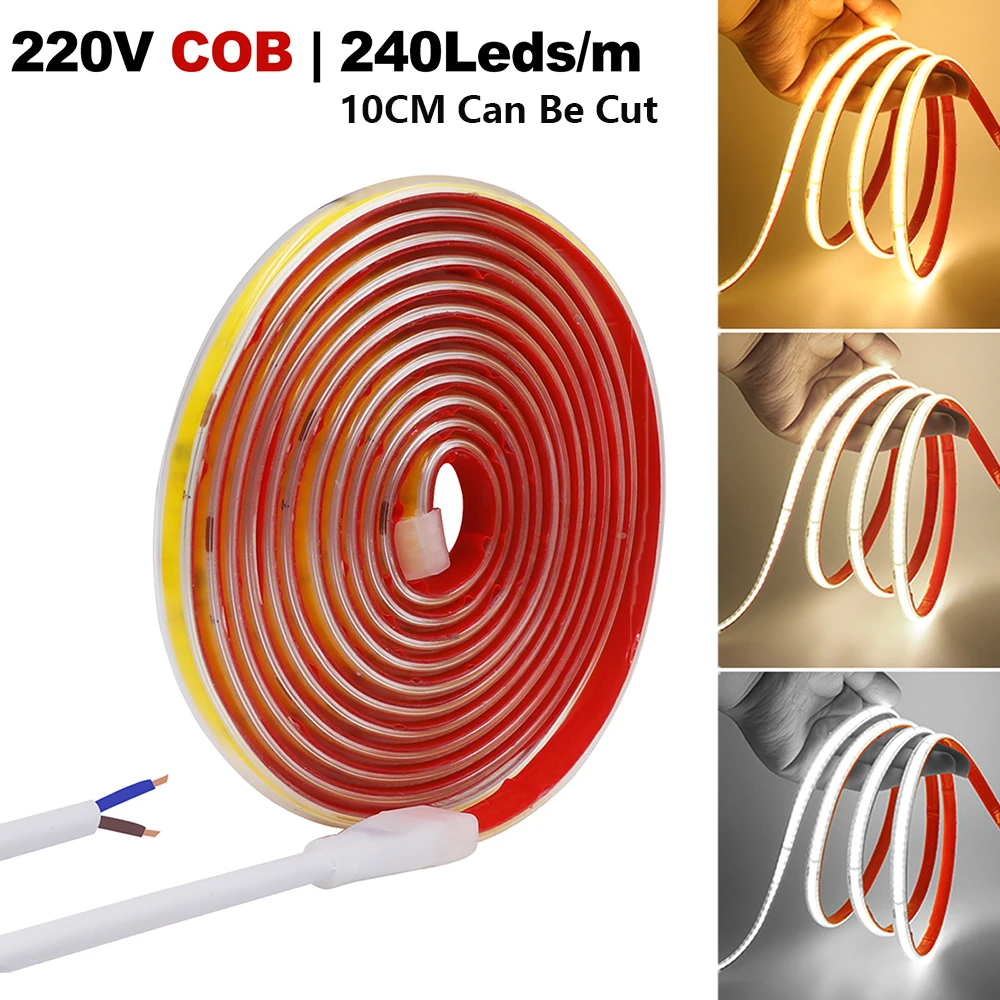 220V COB LED Strip Light 240LEDs/M IP67 Waterproof Driver Build In 10cm Can Be Cut Flexible Adhesive Tape RA90 Linear Lighting