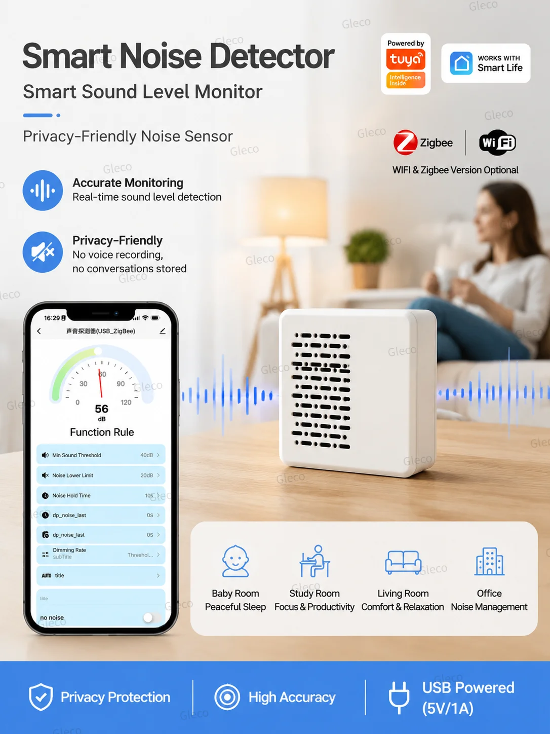 Wifi/Zigbee Tuya Geräuschpegelmesser Schallpegelsensor Umweltgeräuschdetektor Tester Smart Life APP Hausautomatisierungssystem