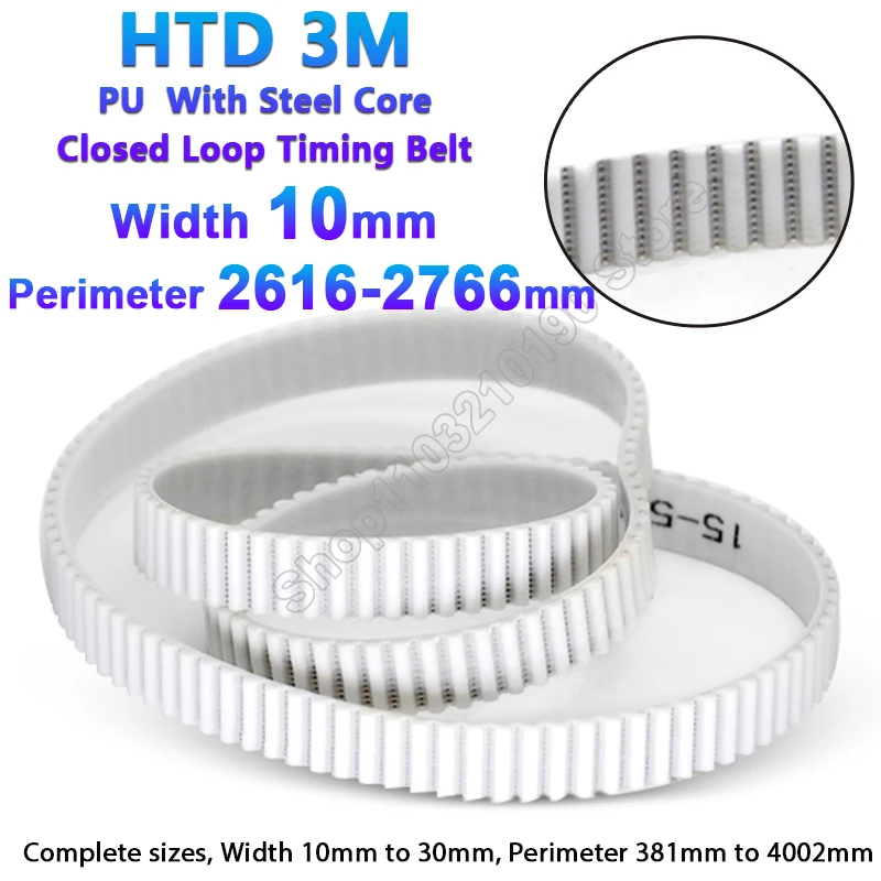 

1Pc HTD 3M PU Timing Belt PU with Steel Core Closed Loop Perimeter 2616-2766mm White Polyurethane 3M Synchronous Belt Width 10mm