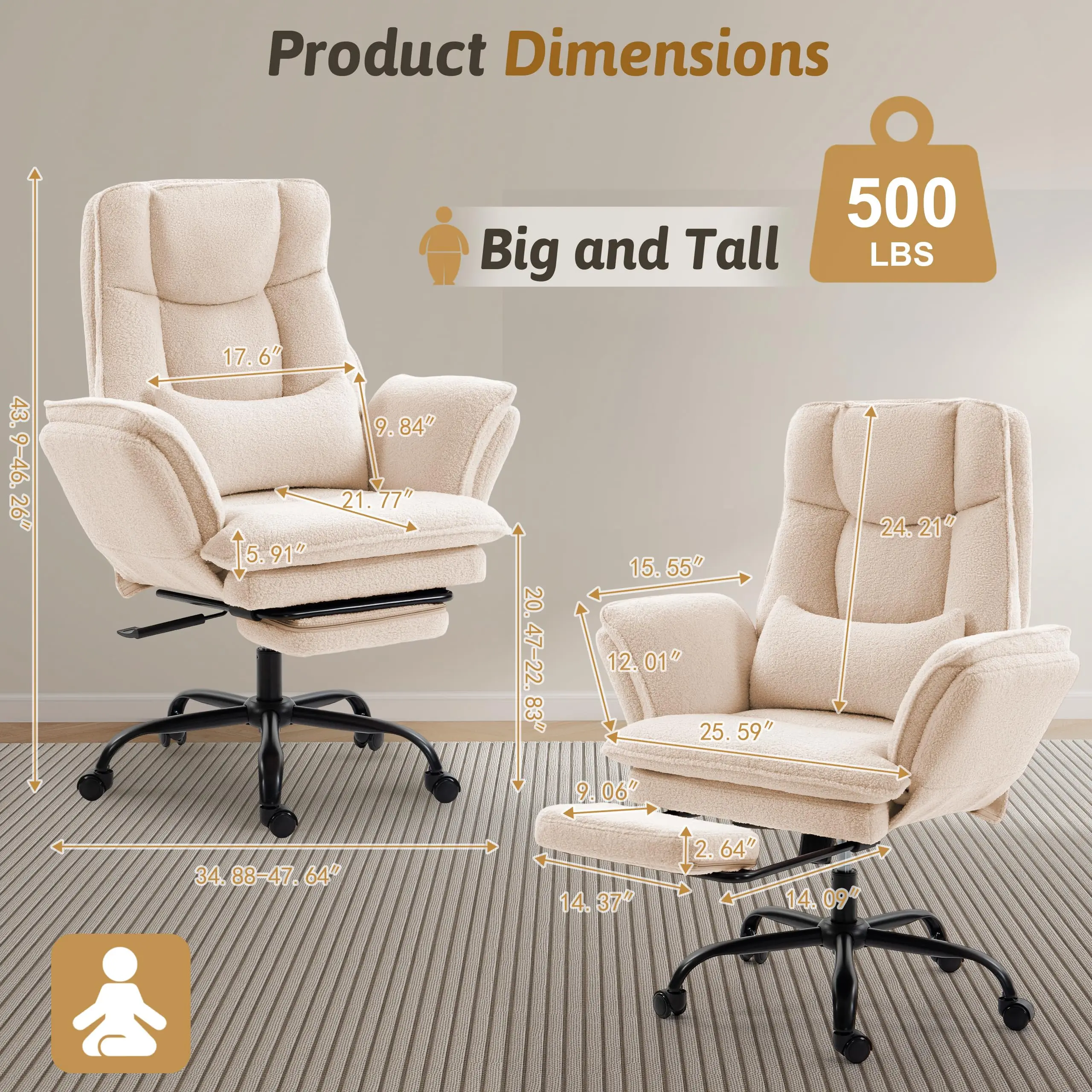 Wider Seat Office Chair with Flip Armrests for Criss Cross Legged&Cats, Big and Tall Executive Ergonomic Reclining