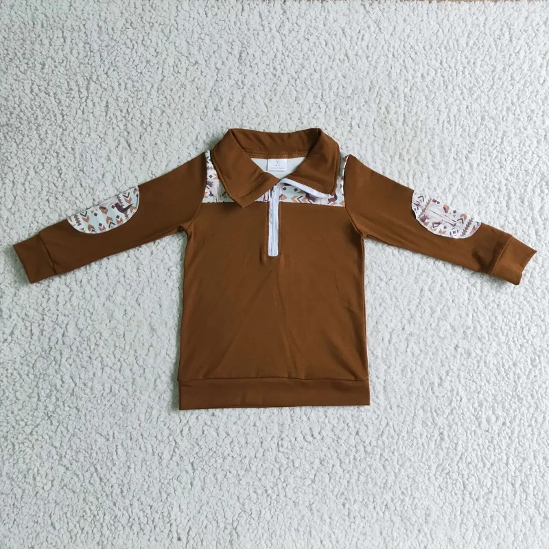 

Wholesale Toddler Long Sleeve Brown Shirt Baby Boy Tee Lapel Top Western Cow Wear New Clothes Children Boutique Zipper Clothing