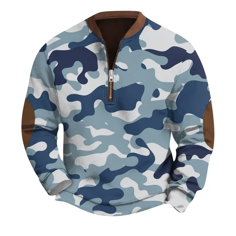 

Autumn American Style Men's Camouflage Sweatshirts with Elbow Patches Zip up Long Sleeve Pullover Vintage Camo Print Pullovers