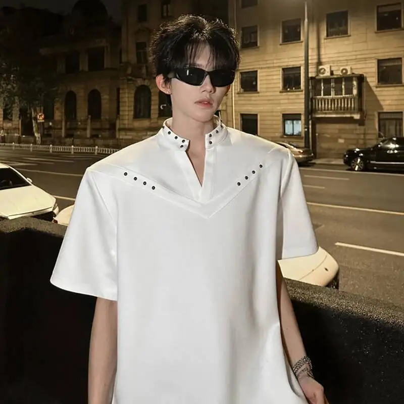 LUZHEN 2026 Summer Rivet Metal Decorate Stripe Patchwork Textured Shoulder Pad Short Sleeve T-shirts Men's Stylish Tops JY7443