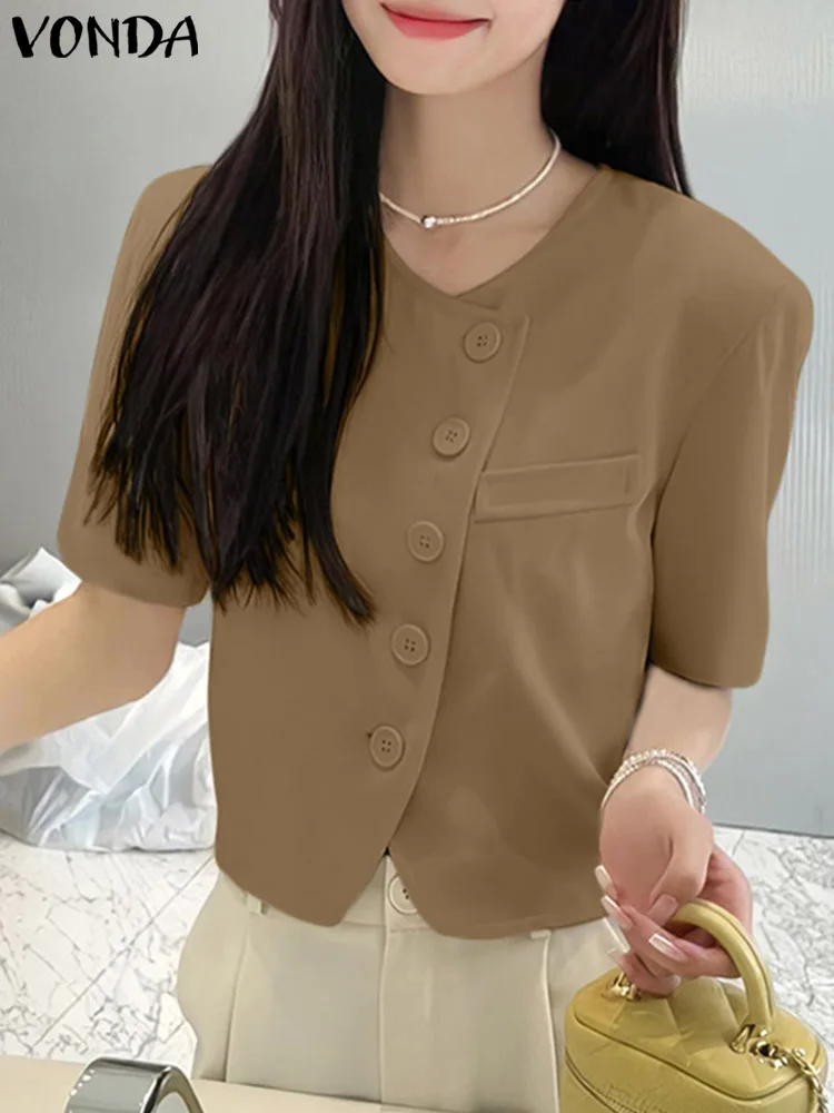 Women Summer Shirts 2024 VONDA Short Sleeve Solid Color Blouses Fashion Top Casual Loose Buttons O Neck Vintage Blusas Femininas