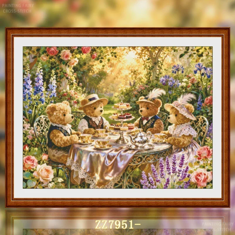 Stamped Cross Stitch Kit 11/14/16/18CT Pre Printed Canvas Cotton Threads DIY Embroidery Wall Decor[ZZ7951-Teddy Bear Tea Party]