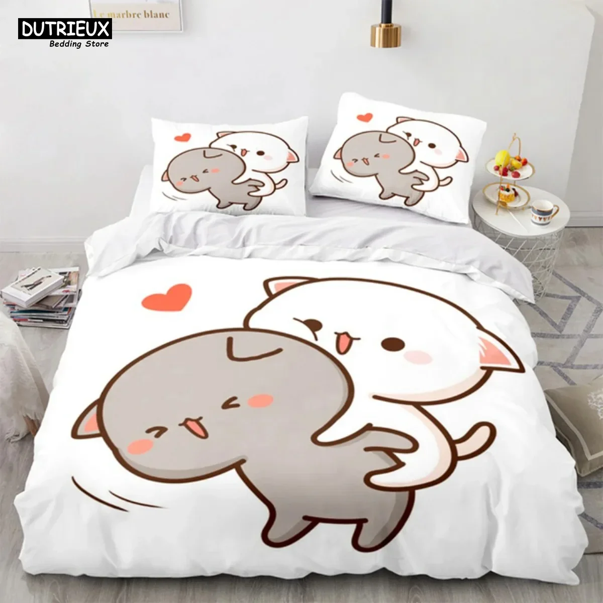 Lovely Peach Cat Bedding Set 3D Cartoon Cute Bed Set Double Queen King Twin Full Size Duvet Cover Set Kids Girls Bed Linen Gifts