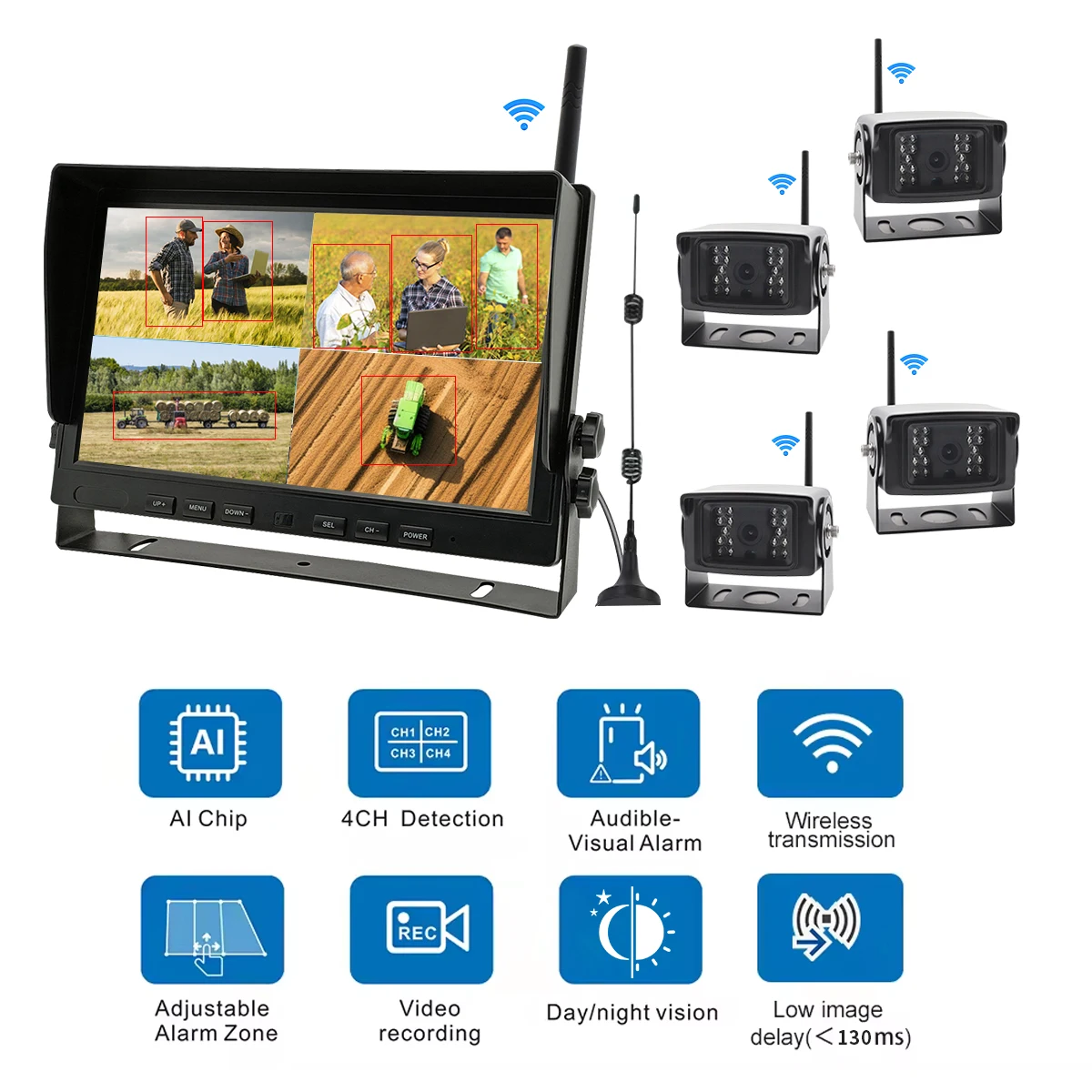 10 Inch Digital HD DVR Wireless Truck Backup Camera Monitor System Quad View Screen for Truck Bus Farm Construction with Speaker