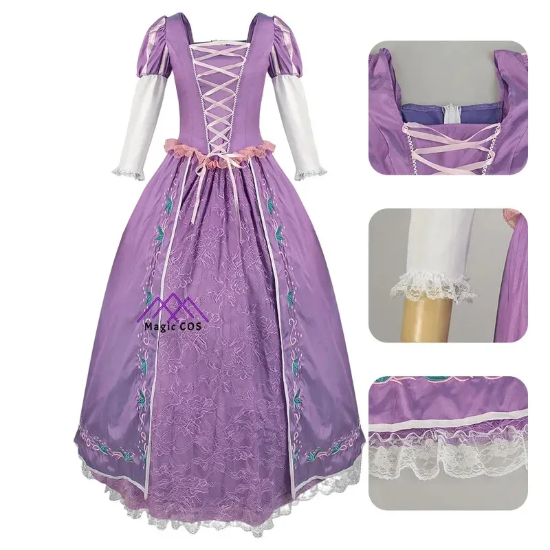 Costume cosplay Anna e Rapunzel Froozeen e abito lungo viola grovigato per le donne Spettacolo teatrale per feste di fiabe di Halloween